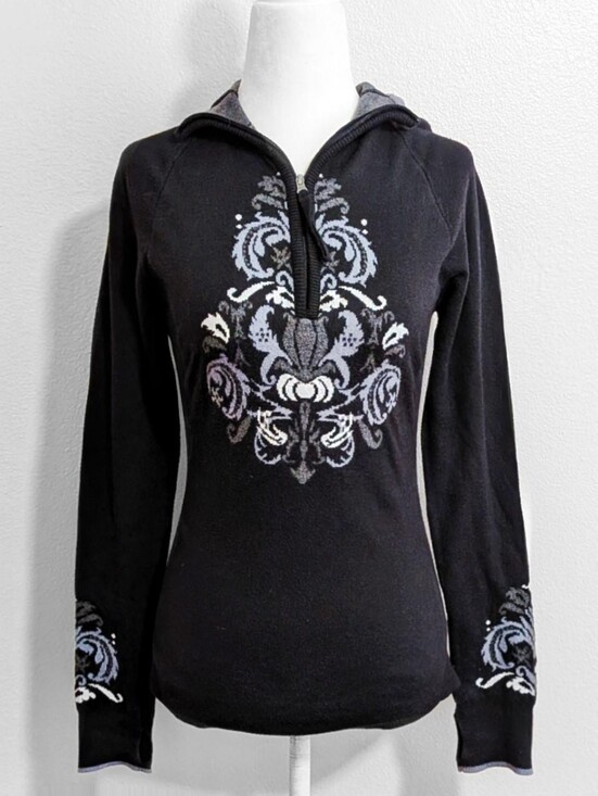 Athleta Tops - Athleta Black & Grey Floral Whimsigoth Quarter-Zip Knit Sweater | Size M